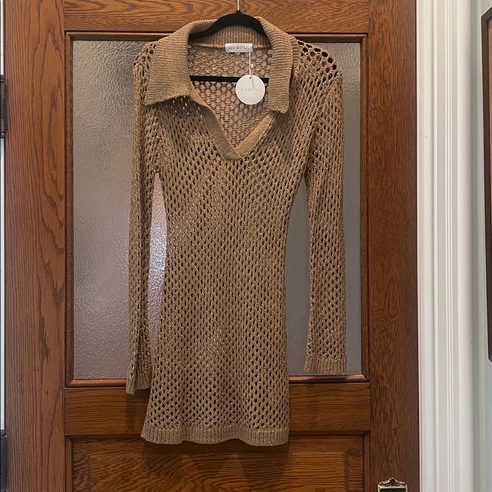 Open Knit Mini Dress in Brown
